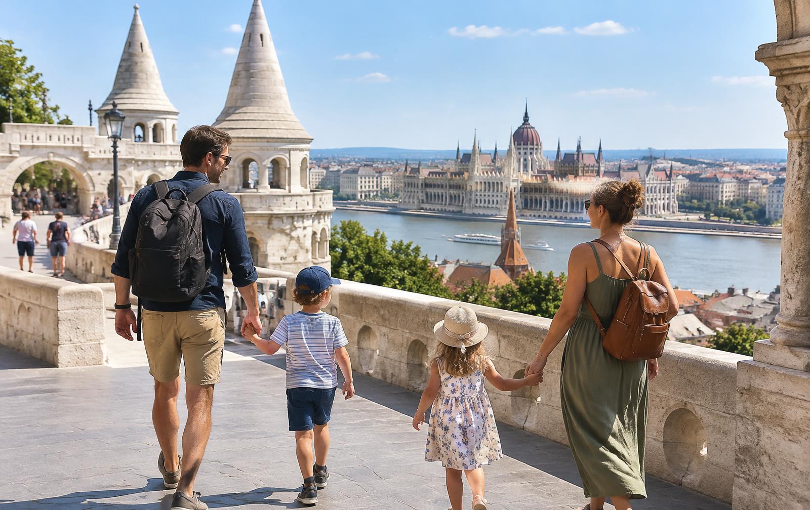 A family with two young children walking along Fisherman's Bastion with Parliament across the Danube