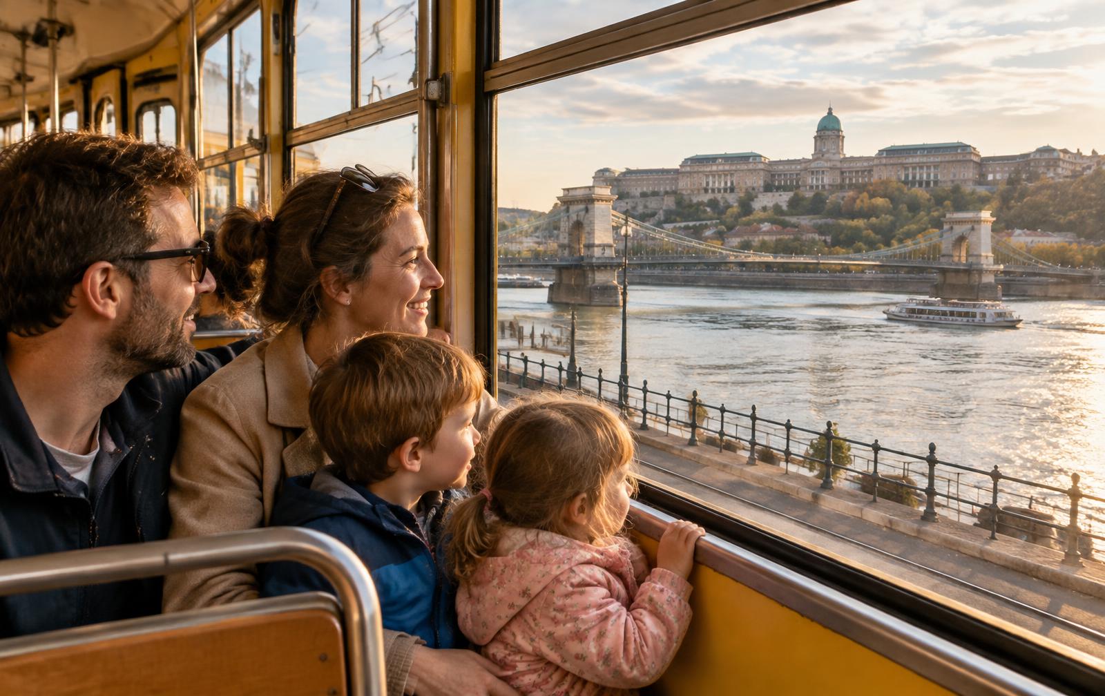A family with two young children looking out of a Budapest tram window at the Chain Bridge and Buda Castle