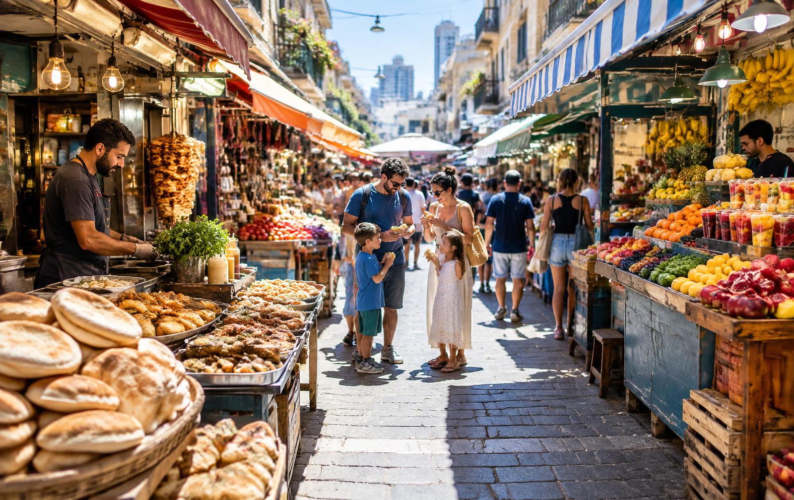 Friends sharing street food between colourful stalls in Carmel Market, Tel Aviv