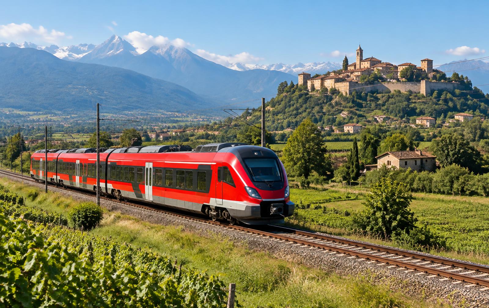 A red regional train crossing the Lombardy countryside below the Alps