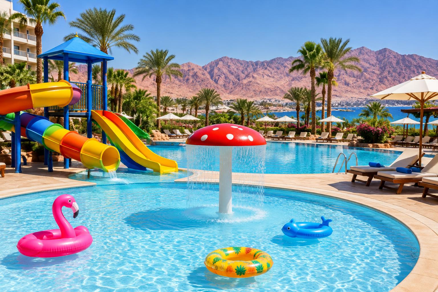 Hotel kids' pool with water slides and pool floats, palm trees and the Eilat mountains behind