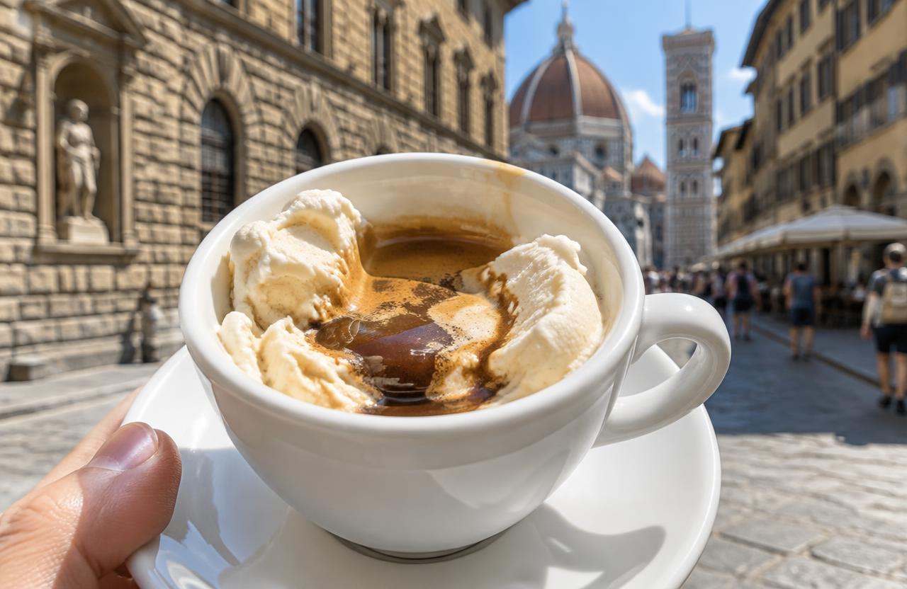 An affogato in a white cup with cream gelato around the rim and espresso in the middle, on a Florence street