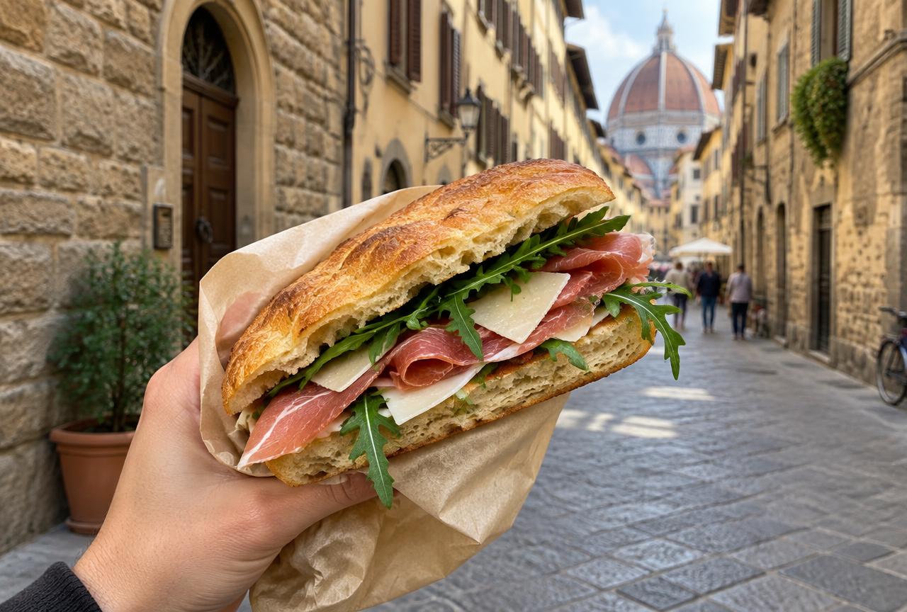 A schiacciata sandwich with prosciutto, pecorino and rocket held up on a Florence street with the Duomo behind