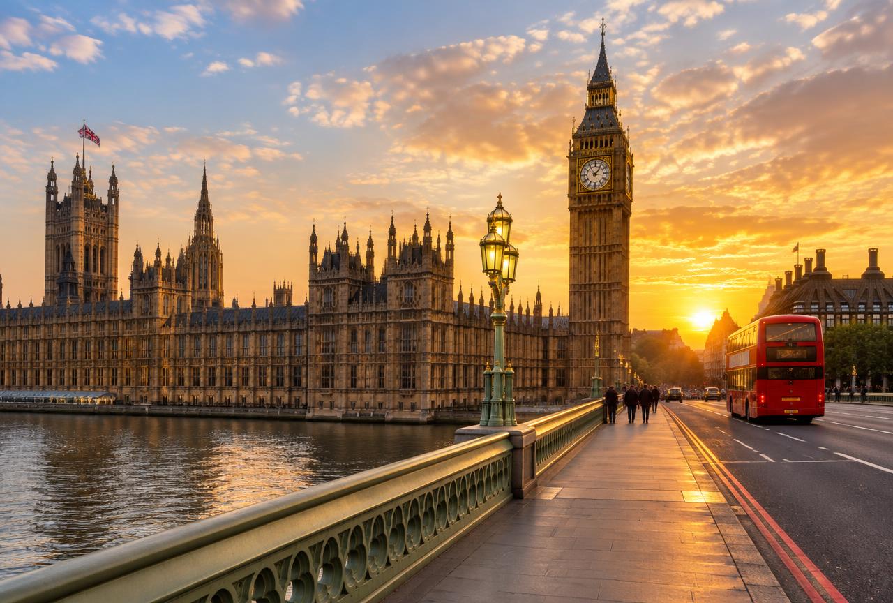 Big Ben and the Houses of Parliament by Westminster Bridge with a red double-decker bus