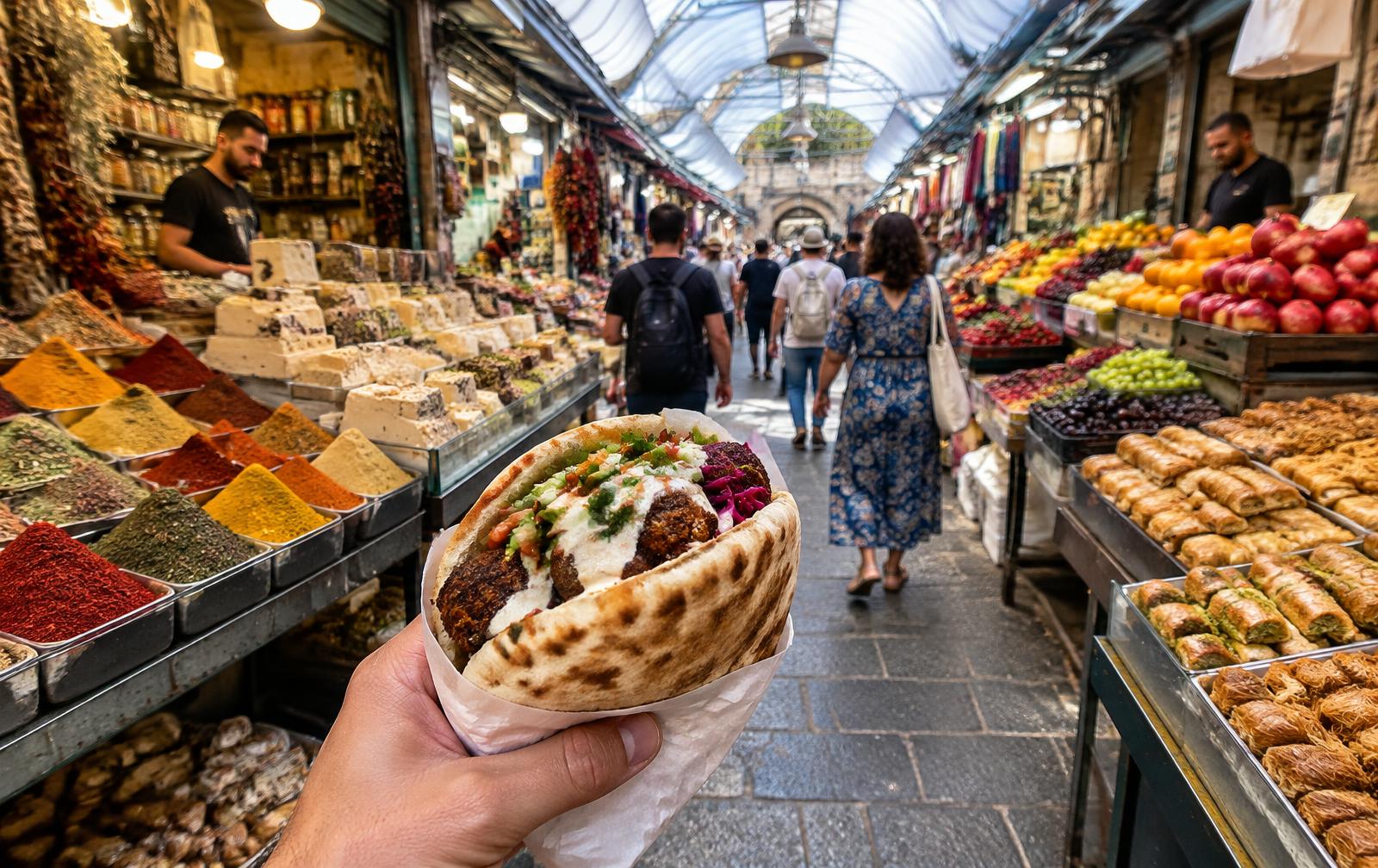 Holding a stuffed pita between spice and pastry stalls in Mahane Yehuda Market, Jerusalem