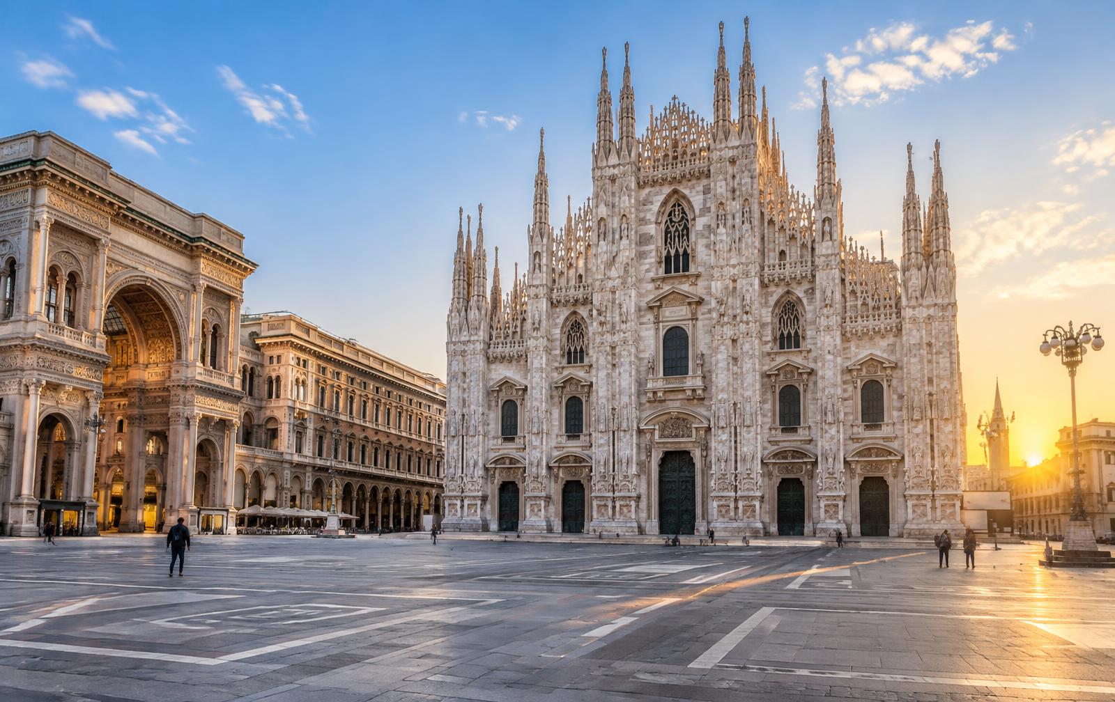 Milan Cathedral and Galleria Vittorio Emanuele II on Piazza del Duomo in early morning light