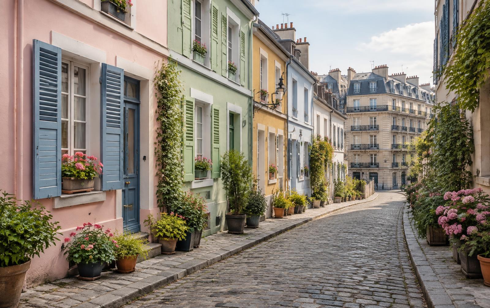 Cobbled Paris street lined with pastel houses, shutters and flower pots