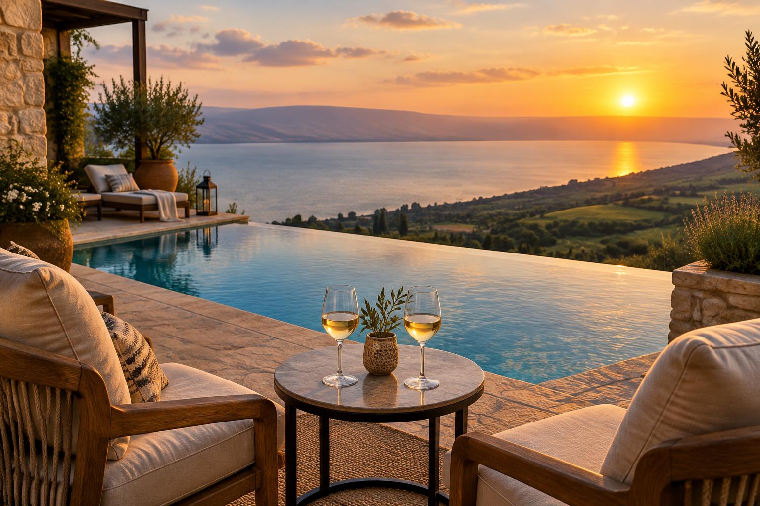 Hotel terrace with two glasses of wine and an infinity pool overlooking the Sea of Galilee at sunset