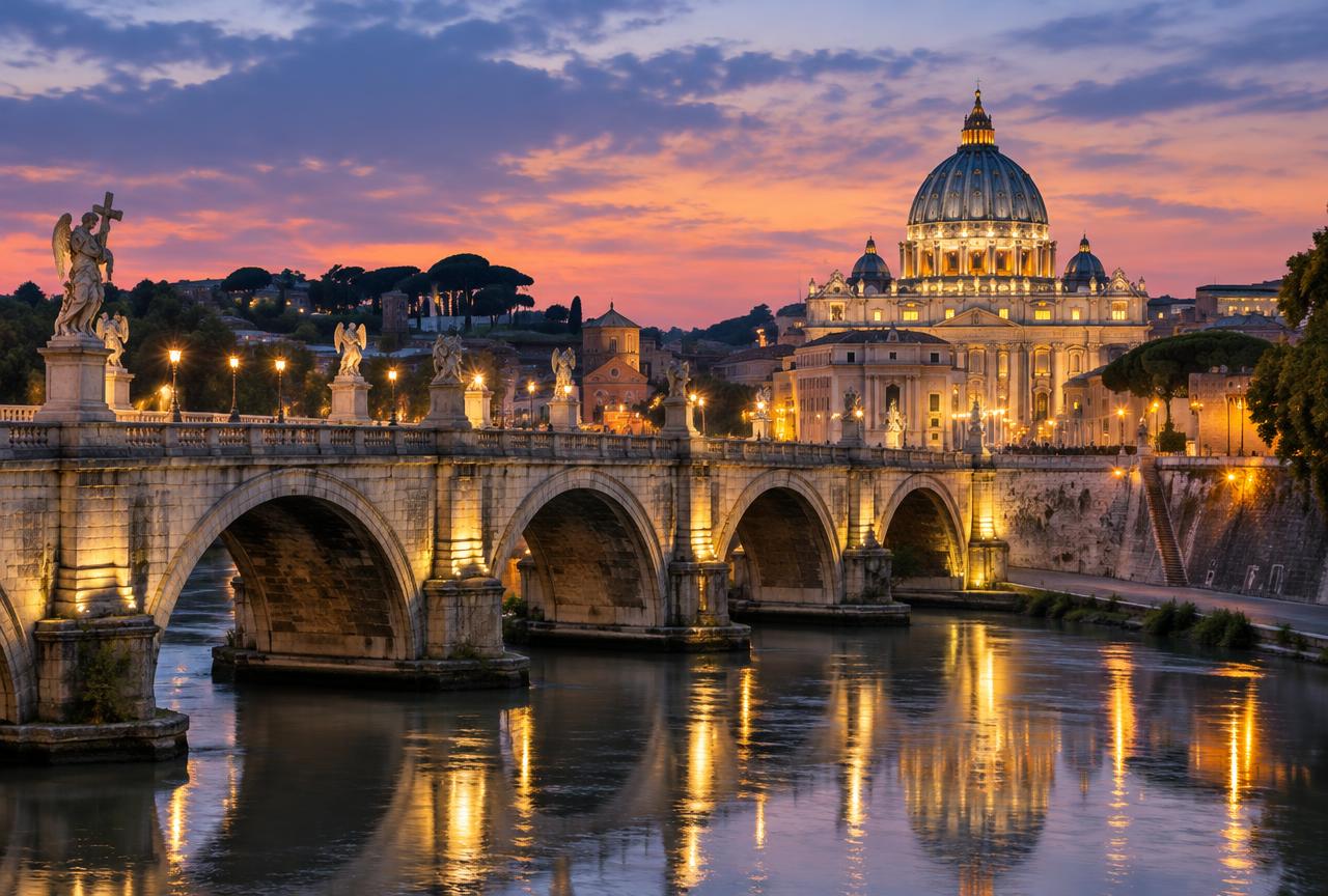 Ponte Sant'Angelo and St Peter's dome lit up over the Tiber at dusk