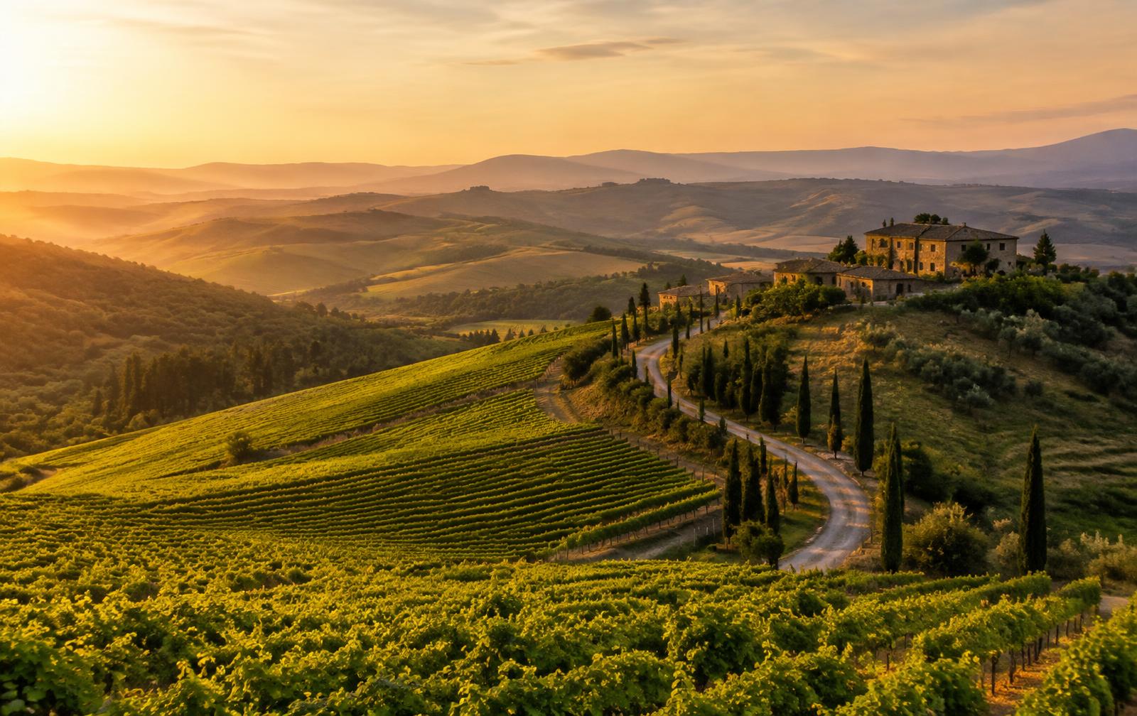 Vineyards, cypress trees and a stone farmhouse in Tuscany at sunset
