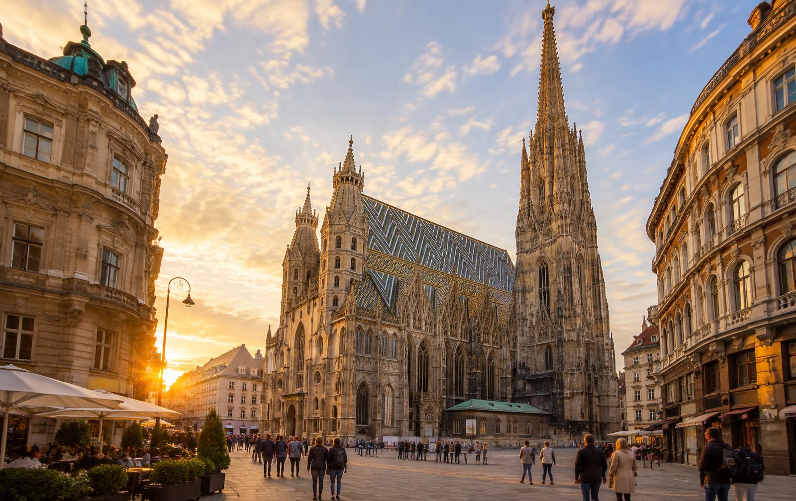 St. Stephen's Cathedral and its tiled roof on Stephansplatz in Vienna at sunset